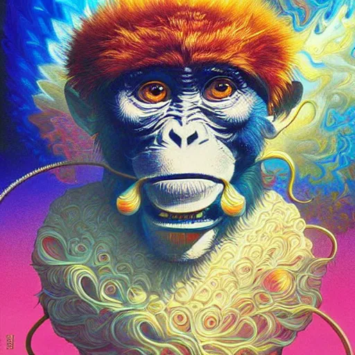 Image similar to ( monkey smoking a cigarette ) ( ( ( hyper detailed masterpiece, psychedelic fractal pattern, jean giraud, digital art painting, dream wave aesthetic, ethereal, artgerm, donato giancola, tom bagshaw ) ) )