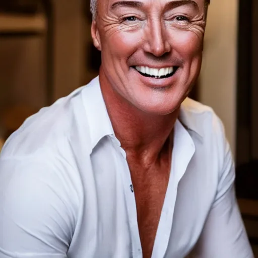 Prompt: portrait Martin kemp eats raw beef smiling