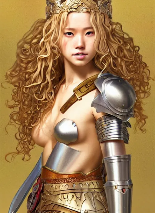 Image similar to complex 3 d hyper realistic smooth ultra sharp render of a gorgeous princess warrior paladin woman | sunkissed tan skin, curly dirty blonde hair, freckles, luminescent eyes | d & d, medieval, fantasy | art by oh jinwook + 吵 集 仁 儿 on artstaion + takeshi obata + alphonse mucha