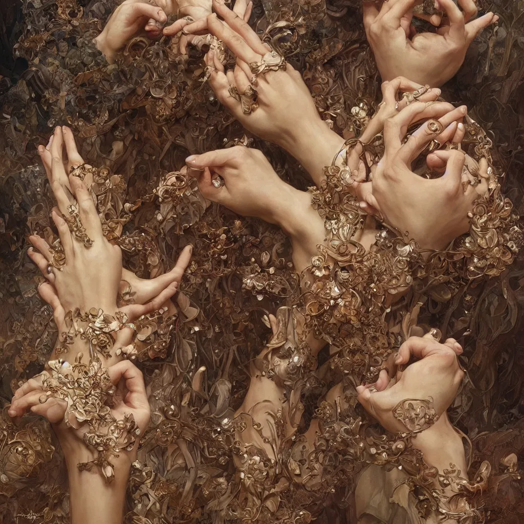 Image similar to too many hands, gnarled, so many hands, fingers, weird amount of hands, fantasy, intricate, elegant, highly detailed, digital painting, artstation, concept art, smooth, sharp focus, illustration, art by artgerm and greg rutkowski and alphonse mucha