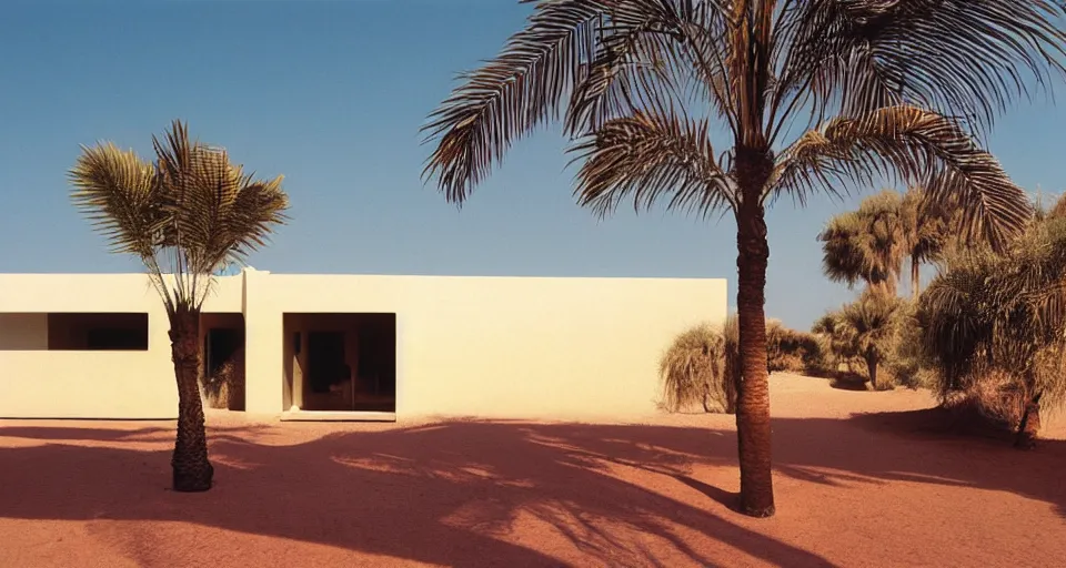 Image similar to contemporary house in the sahara desert, oasis with palm trees, hiroshi nagai