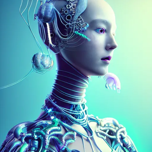 Image similar to portrait of an absurdly beautiful, graceful, sophisticated, fashionable cyberpunk mechanoid gravure idol, ultrafine hyperdetailed illustration by irakli nadar, matt wisniewski style, intricate linework, porcelain skin, neon jellyfish headdress, iridescent cuttlefish necklace, unreal engine 5 highly rendered, global illumination, radiant light, detailed and intricate environment