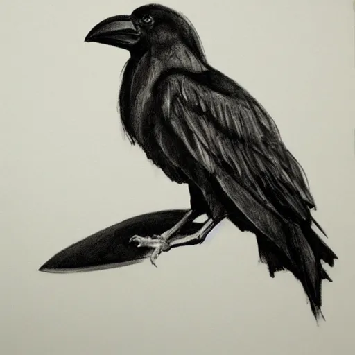 Image similar to a crow wearing a bathrobe in a hotel room, graphite drawing, 1998