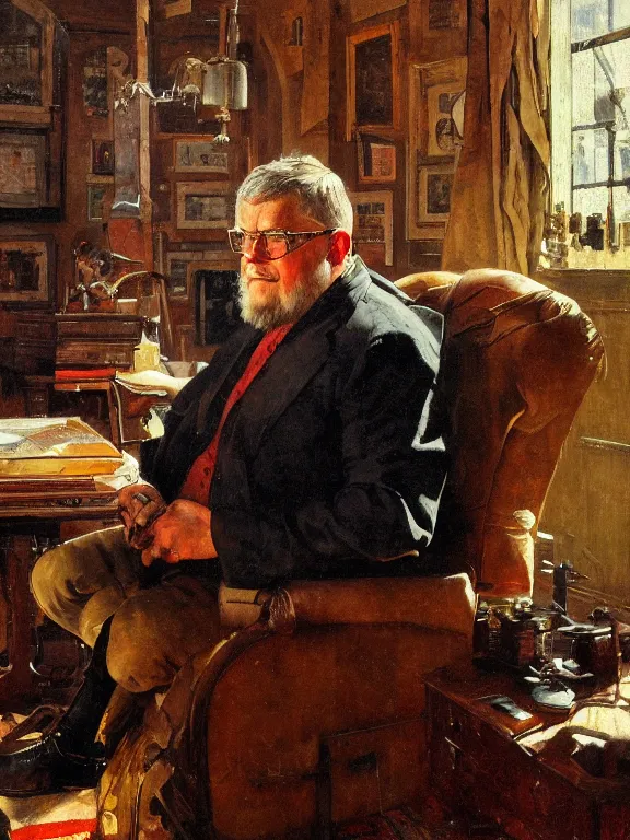 Image similar to portrait of orson scott card seated, in a style blend of norman rockwell and frederick remington and mort kunstler, oil painting, volumetric lighting, intricate details