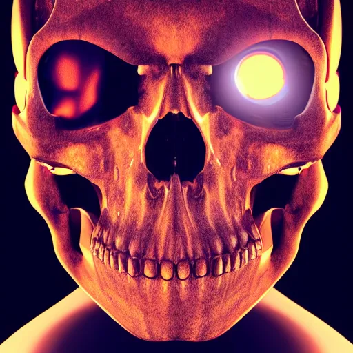 Prompt: real human skull with robotic circular orange light electronic eyes in eye sockets, cyberpunk, futurism