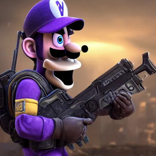 Prompt: Waluigi in Gears of War, 3d render, Unreal Engine, octane render, ray tracing, Unity, highly detailed, high quality, HD, 4k, 8k, realistic, sharp, trending