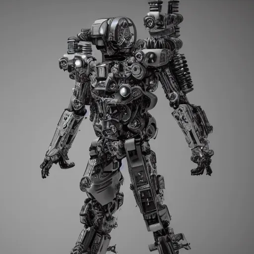Prompt: Full lenght view Photography of ultra mega super hyper realistic detailed warmachine by Hiromasa Ogura . Photo on Leica Q2 Camera, Rendered in VRAY and DaVinci Resolve and MAXWELL and LUMION 3D, Volumetric natural light. Wearing cyberpunk suit with many details by Hiromasa Ogura .Rendered in VRAY and DaVinci Resolve and MAXWELL and LUMION 3D, Volumetric natural light
