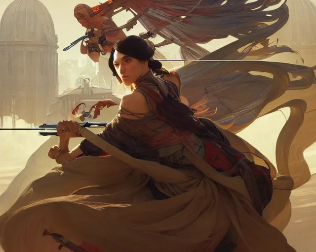 Prompt: photography of duel of the fates, deep focus, intricate, elegant, highly detailed, digital painting, artstation, concept art, matte, sharp focus, illustration, art by artgerm and greg rutkowski and alphonse mucha