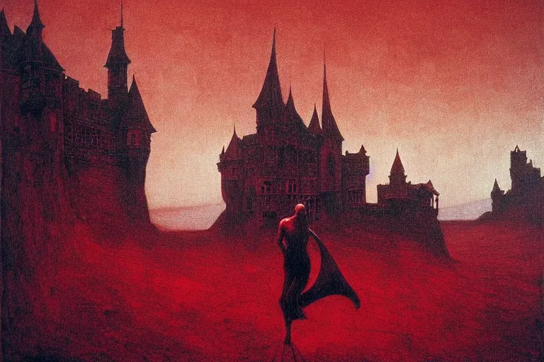 Prompt: only with red, red eyes, a red tiger, a castle in the background, medieval demons dance, an ancient path, in the style of beksinski, part by hopper, part by rodcenko, part by hofbauer, intricate composition, red by caravaggio, insanely quality, highly detailed, masterpiece, red light, artstation