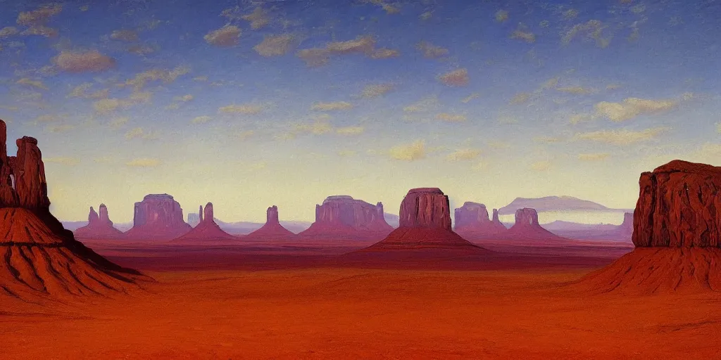 Prompt: a beautiful epic dramatic ethereal landscape painting of deep red sandstone buttes and mesas | monument valley, death valley, drumheller, grand canyon | golden hour, dramatic lighting, chiaroscuro, impressionist, surrealist | by alfred bierstadt, by salvador dali, by frederic remington | trending on artstation