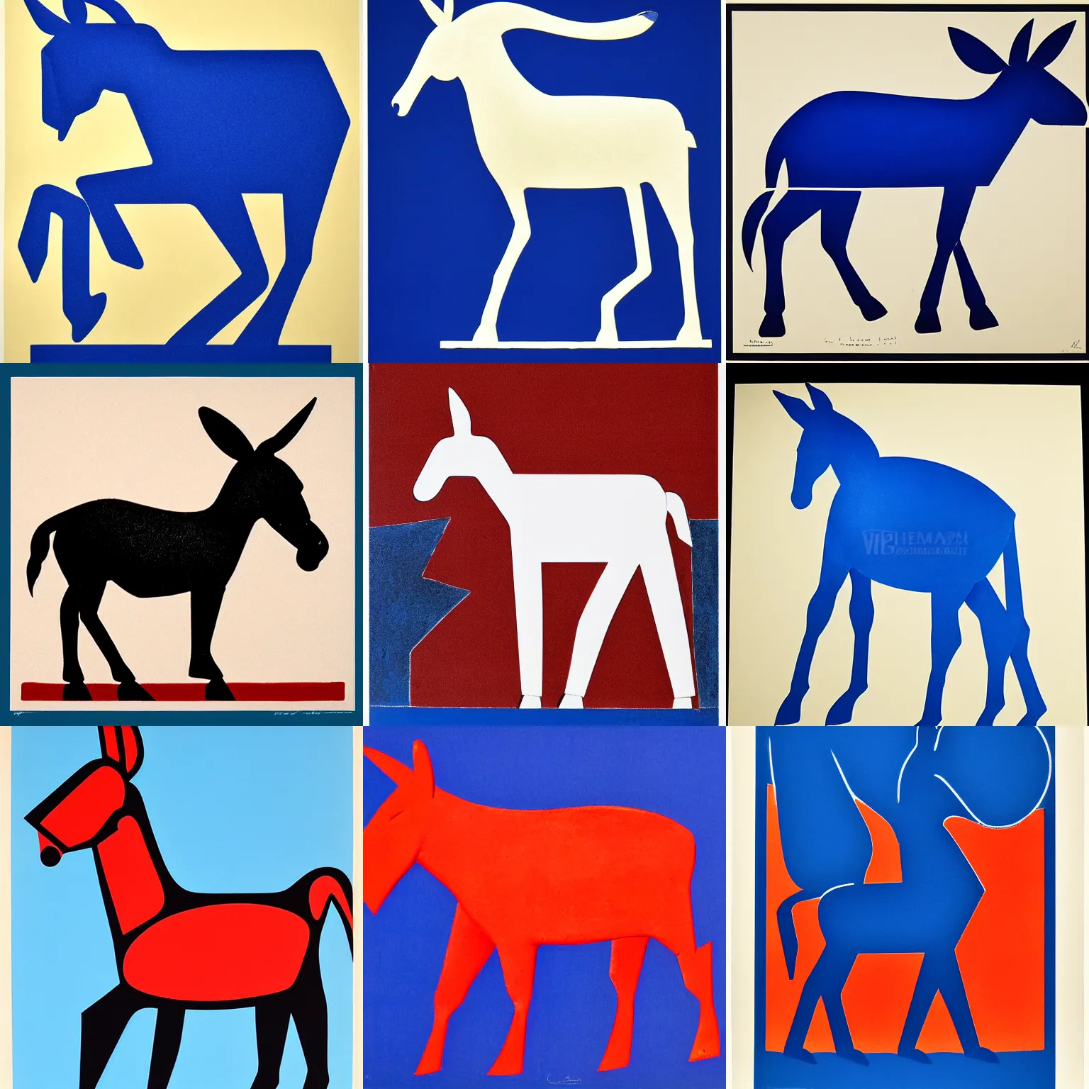 Prompt: lithograph of donkey!! cycladic sculpture, simplified, silhouette, full body, standing, solid colors, block print, iconic, side view, centered, white background, ultramarine blue and red iron oxide