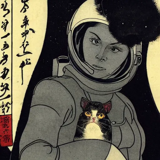 Prompt: a portrait of a young sigourney weaver from the movie alien, wearing a space suit and holding a cat an alien in the background. shin hanga and kawanabe kyosai