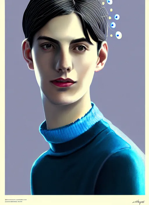 Image similar to portrait of teenage jughead jones wearing a light grey crown, crown, blue turtleneck, 1 9 5 0 s, closed eyes, photorealistic, black hair, glowing lighting, intricate, elegant, glowing lights, highly detailed, digital painting, artstation, concept art, smooth, sharp focus, illustration, art by wlop, mars ravelo and greg rutkowski