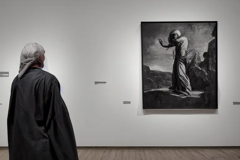 Prompt: back view of a man wearing white modern robe standing in front of the painting in the minimalist liminal art gallery, retrofuturism, symmetry, highly detailed, very sharp details, modern sci - fi movie, by piranesi and giger