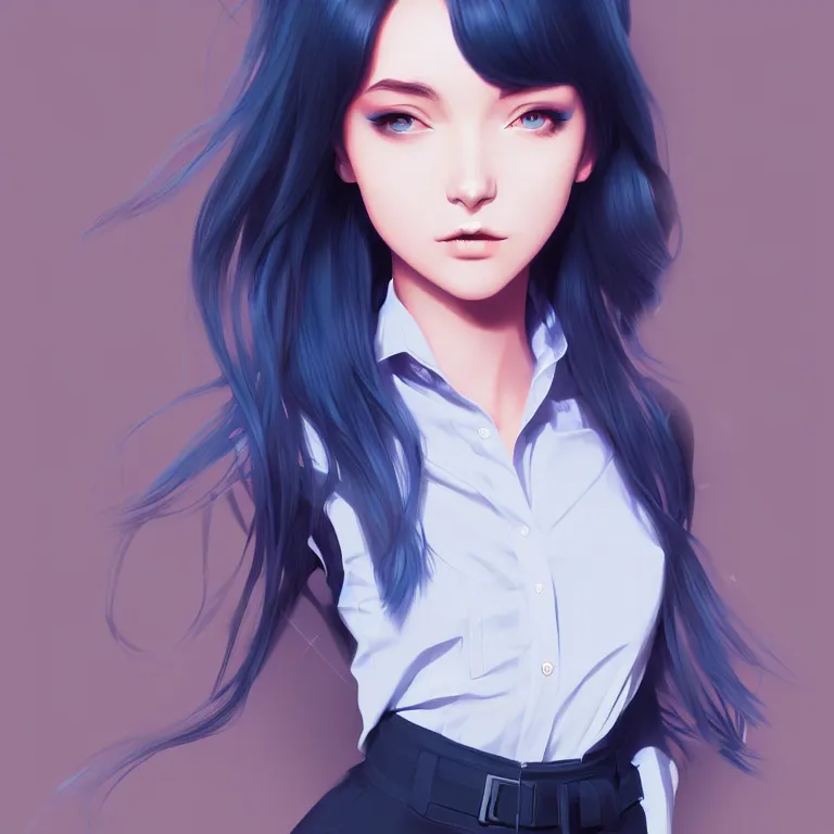 Image similar to urban high school girl in shirt fanart, dark blue long hair, muted colors, matte print, pastel colors, ornate, digital art, digital painting, fan art, elegant, artstation, by Ilya Kuvshinov