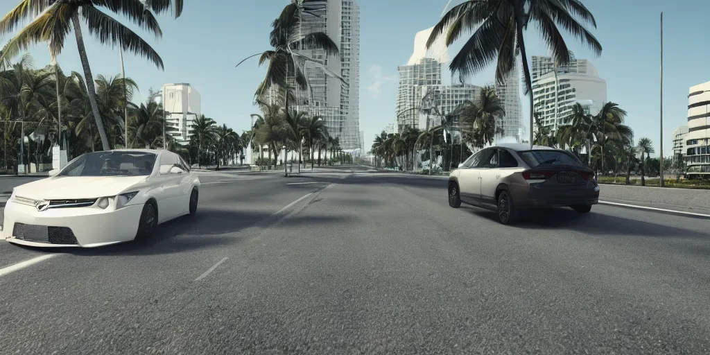 Prompt: car driving across miami, third person bumper camera, realistic, vray, path traced, render