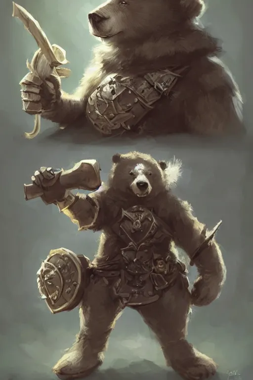 Image similar to cute little anthropomorphic bear knight wearing a cape and a crown, tiny, small, miniature bear, baby animal, short, pale blue armor, cute and adorable, pretty, beautiful, DnD character art portrait, matte fantasy painting, DeviantArt Artstation, by Jason Felix by Steve Argyle by Tyler Jacobson by Peter Mohrbacher, cinematic lighting