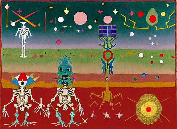 Image similar to pixel decollage painting tarot lovers card composition tower of babel road red armor wonky alien frog and maggot vampire clown knight on a skeleton pale horse in a dark green cloudy night sky with golden foil jewish stars and diamonds, mountain lake and blossoming field in background, painted by Mark Rothko, Helen Frankenthaler, Danny Fox and Hilma af Klint, pixelated, neo expressionism, semi naive, pastel colors, cinematic, color field painting, cave painting, voxel, pop art look, outsider art, minimalistic. Bill Traylor painting, part by Philip Guston, Amano and Francis Bacon. art by Adrian Ghenie and Storm Thorgerson, very coherent symmetrical artwork, cinematic, hyper realism, high detail, octane render, unreal engine, Smooth gradients, depth of field, full body character drawing, extremely detailed, 8k, extreme detail, intricate detail, masterpiece