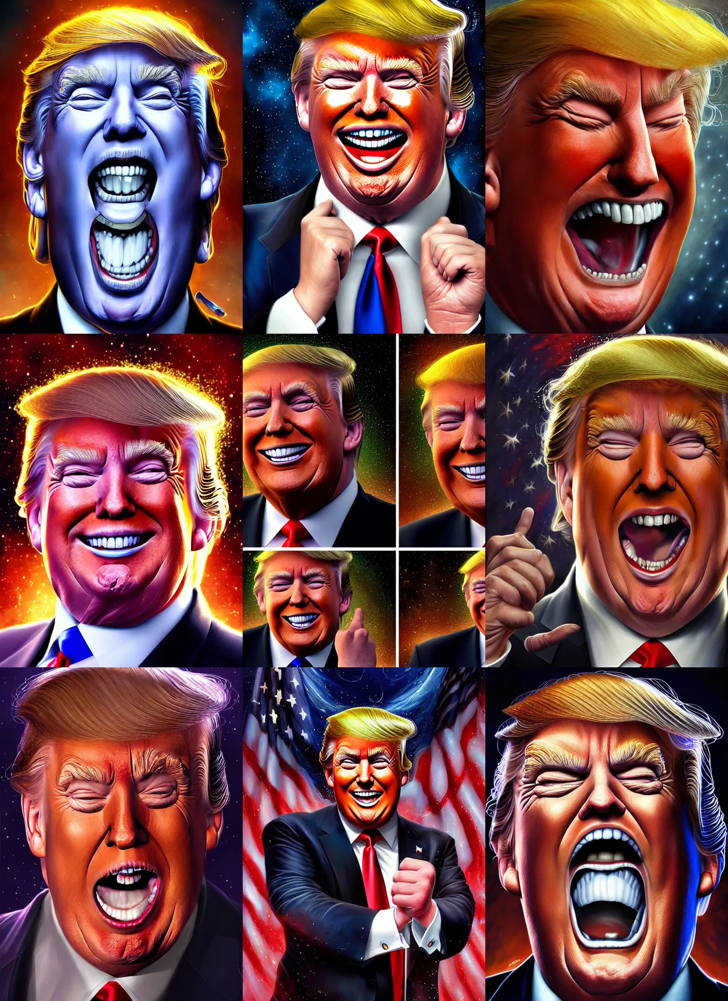 Prompt: donald trump smiling evilly, cosmic horror painting, elegant intricate digital painting artstation concept art by mark brooks and brad kunkle detailed