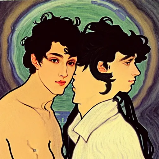 Prompt: painting of young cute handsome beautiful dark medium wavy hair man in his 2 0 s named shadow taehyung and cute handsome beautiful min - jun together at the halloween party, bubbling cauldron, candles, smoke, tarot, autumn colors, elegant, stylized, soft facial features, delicate facial features, art by alphonse mucha, vincent van gogh, egon schiele