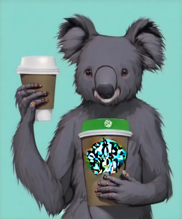 Prompt: a portrait of an anthropomorphic koala holding a starbucks coffee, cyberpunk!, fantasy, elegant, digital painting, artstation, concept art, matte, sharp focus, illustration, art by josan gonzalez