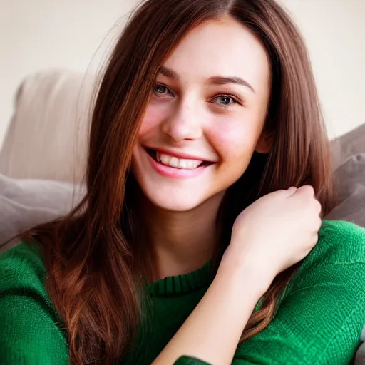 Image similar to Render of a cute 3d young woman smiling, long shiny bronze brown hair, full round face, emerald green eyes, medium skin tone, light cute freckles, smiling softly, wearing casual clothing, relaxing on a modern couch, interior lighting, cozy living room background, medium shot, mid-shot, soft focus, trending on Artstation, Unreal Engine 5 , 4k, professional photography, Portra 400