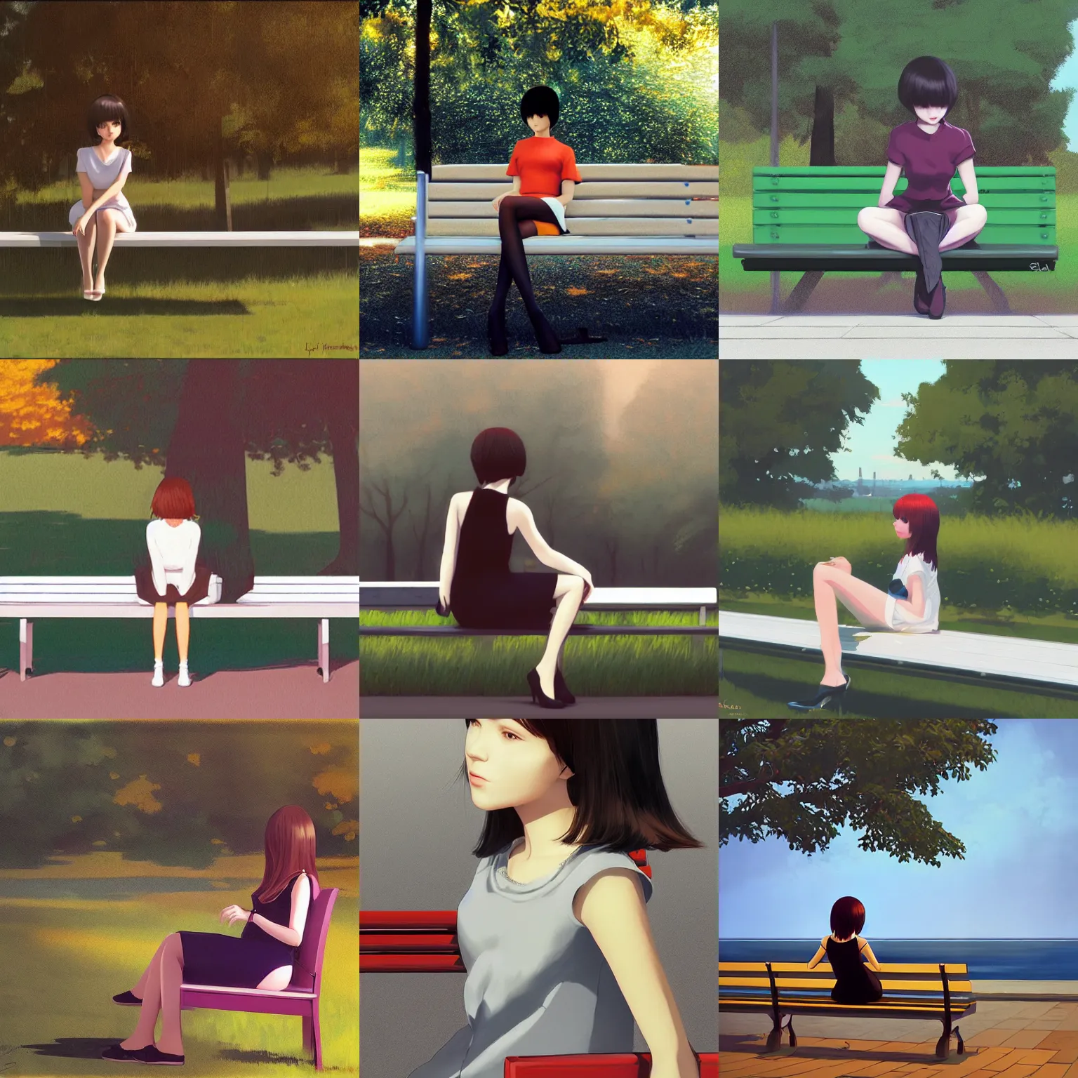 Prompt: girl sitting on a bench, by ilya kuvshinov