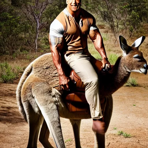 Prompt: dwayne johnson riding on the back of a kangaroo, he is wearing a safari outfit and a pith hat, studio photography, 8 k