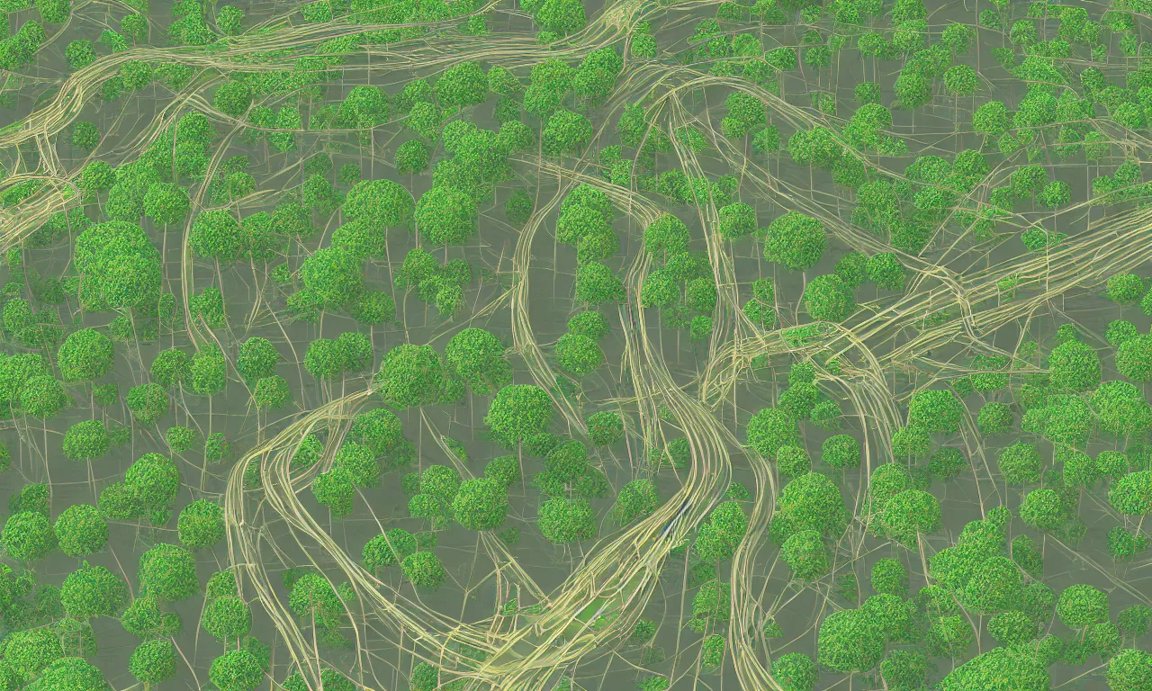 Image similar to forested blobs interconnected by high speed rails, digital art, 3d, illustration