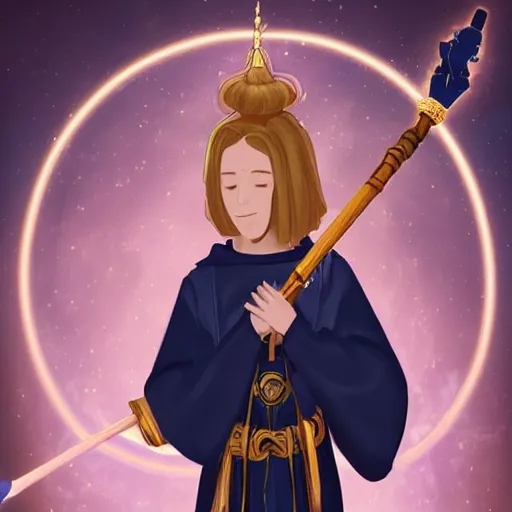 Prompt: A young well kept shaved mage with a blonde ponytail in a navy blue robe with gold accents, he holds a magical staff of light with a bright crystal, medieval fantasy, digital art, trending on artstation