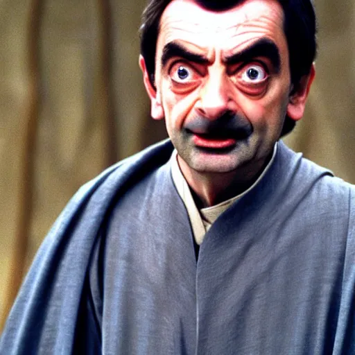 Image similar to Still of Mr. Bean as jedi master Obiwan kenobi!!!!. in Star Wars (1977). detailed eyes. medium shot, technicolor. light saber