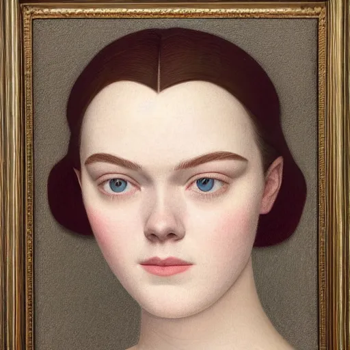 Image similar to A masterpiece head and shoulders portrait of Elle Fanning, by Grant Wood. 8K. Extremely detailed.