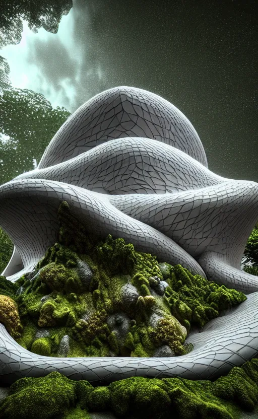 Image similar to highly detailed ultra sharp 3 d render villa cinematic composition of a smooth ceramic porcelain biomorphic magnolia stone nebula fluid fractal sci - fi surreal architecture landscape, granite, metallic, magnesium, marble, moss and lichen, vincent callebaut composition, mamou - mani, archviz, beautiful lighting, 8 k, unreal engine, hdr,