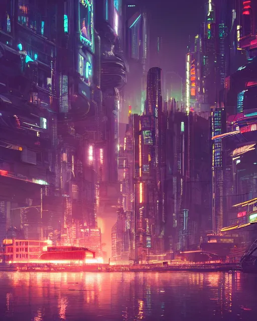 Image similar to cyberpunk city on a floating island at night by wlop, key visual, high detail, digital art