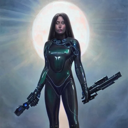 Image similar to pleiadian woman with big eyes and long silver hair wearing a dark body suit and holding a plasma gun as a realistic sci fi character, portrait art by donato giancola and greg rutkowski, digital art, trending on artstation, standing in a barren field