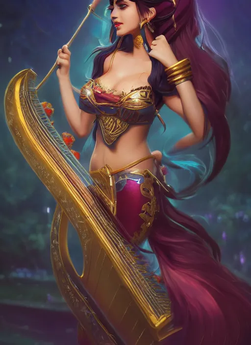 Image similar to sona, from league of legends, with an harp, hyper detailed, digital art, trending in artstation, cinematic lighting, studio quality, smooth render, unreal engine 5 rendered, octane rendered, art style by klimt and nixeu and ian sprigger and wlop and krenz cushart