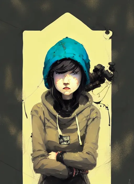 Image similar to highly detailed portrait of a sewerpunk student lady, blue eyes, hoody, beanie hat, white hair by atey ghailan, dustin nguyen, by greg rutkowski, by joe fenton, by greg tocchini, by kaethe butcher, gradient yellow, black, brown and cyan color scheme, grunge aesthetic!!! ( ( graffiti tag wall background ) )