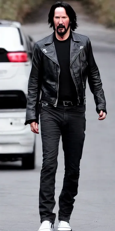 Prompt: Keanu Reeves in a black leather jacket, white Adidas pants. extreme long shot