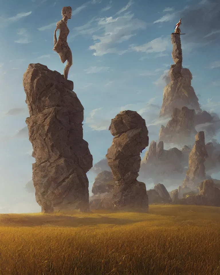 Prompt: wide shot of a tall and thin rock shard geometric statue hovering vertically thirty feet above a cornfield, late afternoon, golden hour, dramatic lighting, cinematic, highly detailed, smooth, sharp focus, concept art by greg rutkowski and marc simonetti