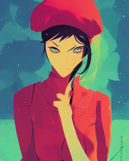 Image similar to girl with beret, colored manga panel, drawn by Anton Fadeev