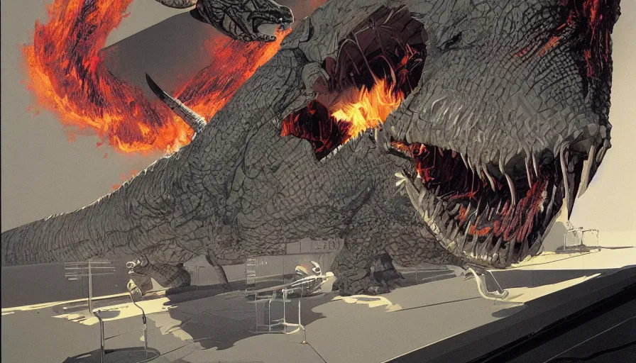 Image similar to the impact that destroyed the dinosaurs by syd mead and moebius, hyperrealistic, dinosaurs scorched