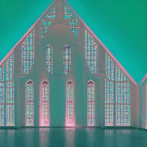 Prompt: a glowing vaporwave cathedral in a teal colored desert, night time