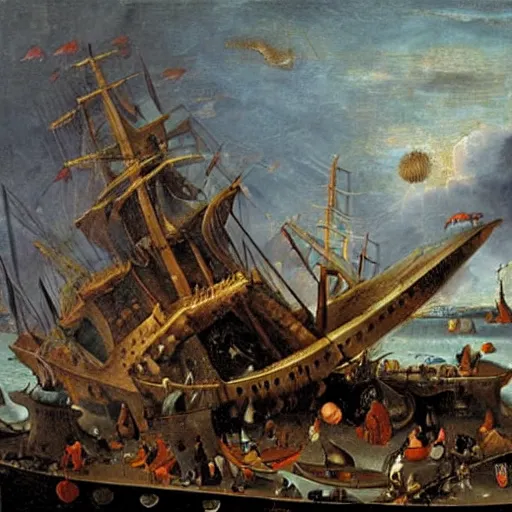 Image similar to A giant squid destroying a cruise ship in the middle of the ocean, oil painting by Jan Steen