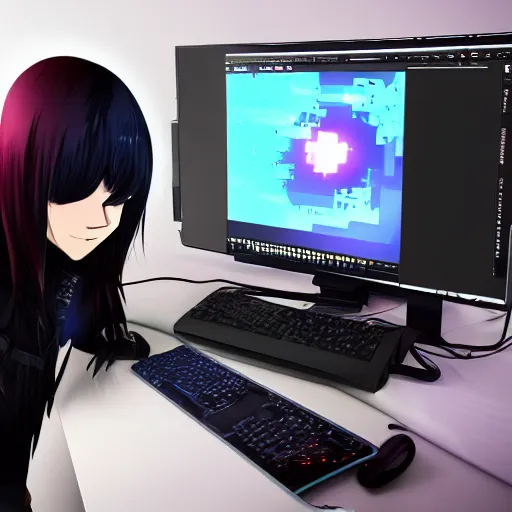 Image similar to friendly anime hacker working at computer