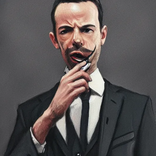 Image similar to andrew tate wearing a suit smoking a cigar on his mouth, dramatic lighting, cinematic, establishing shot, extremly high detail, photorealistic, cinematic lighting, artstation, style by James Gurney