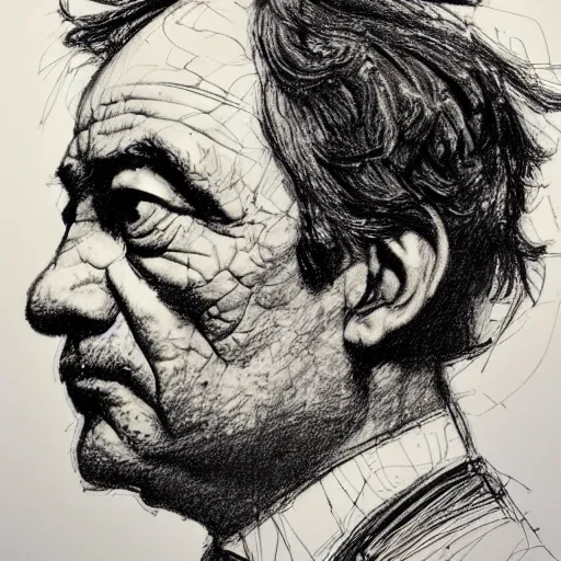 Image similar to a realistic yet scraggly portrait sketch of the side profile of a stern and sophisticated gene ween, trending on artstation, intricate details, in the style of frank auerbach, in the style of sergio aragones, in the style of martin ansin, in the style of david aja, in the style of mattias adolfsson