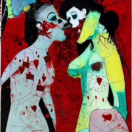 Image similar to two vampire women kissing at a carnival, mixed media collage, retro, paper collage, magazine collage, acrylic paint splatters, bauhaus, abstract claymation, layered paper art, sapphic visual poetry expressing the utmost of desires by jackson pollock