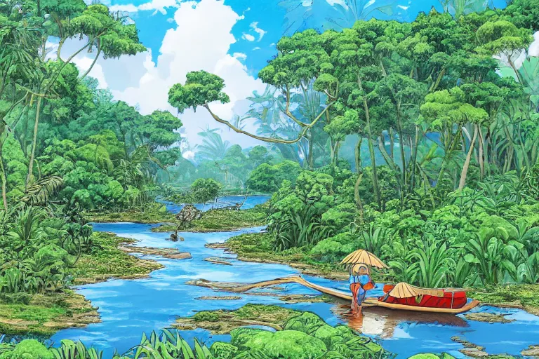 Image similar to sri lankan river and jungle, drawn by hayao miyazaki