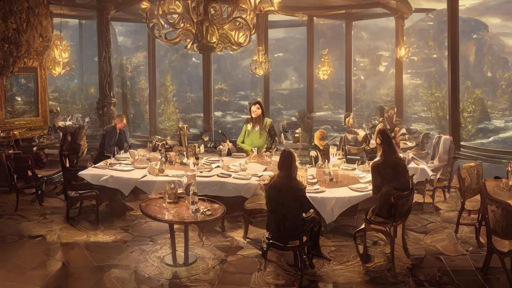 Prompt: a beautiful painting of cthulu dining at a fancy restaurant sitting across the table from a woman | unreal engine :. 4 | global illumination, radiant soft light, detailed, intricate :. 6