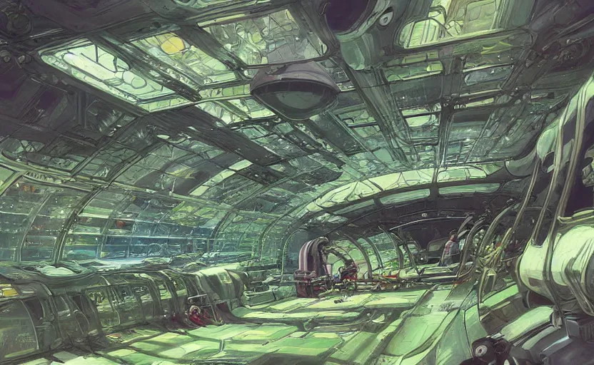 Image similar to lush greenhouse on a spaceship flying in space, concept art, by akira toriyama, artstation, digital art